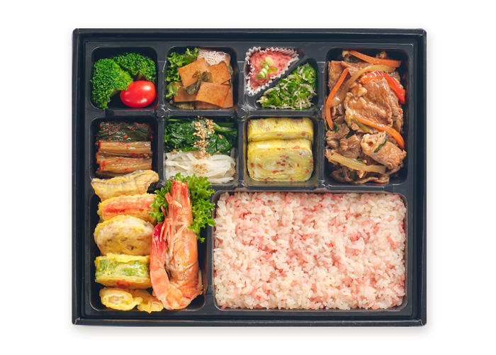 왕새우 소불고기 오색전 도시락 [과일컵 포함]