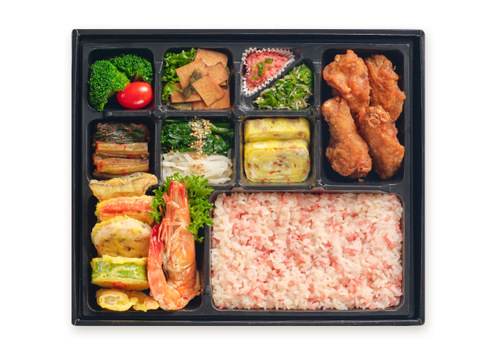 왕새우 치킨 오색전 도시락 [과일컵 포함]